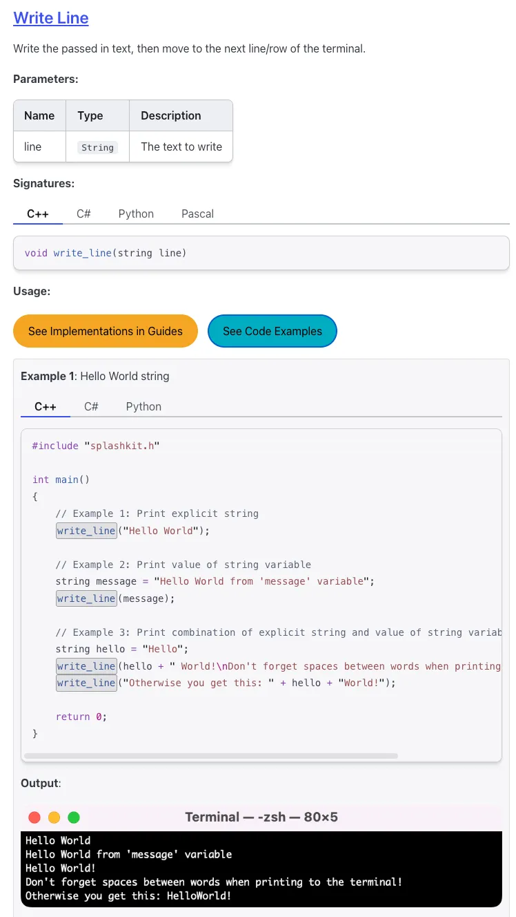 example showing on site for write line function